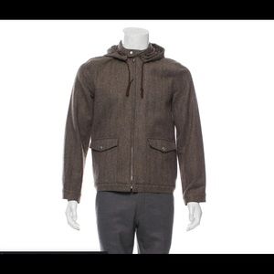 A.P.C. Wool Herringbone Sweater Brown Bomber Style Hood Lightweight Jacket